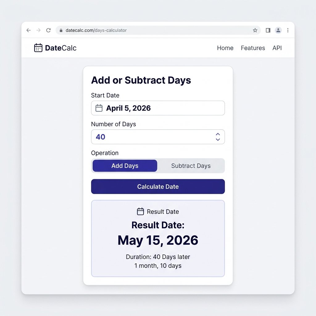 Add or subtract days from date calculator with start date, day count, and direction toggle