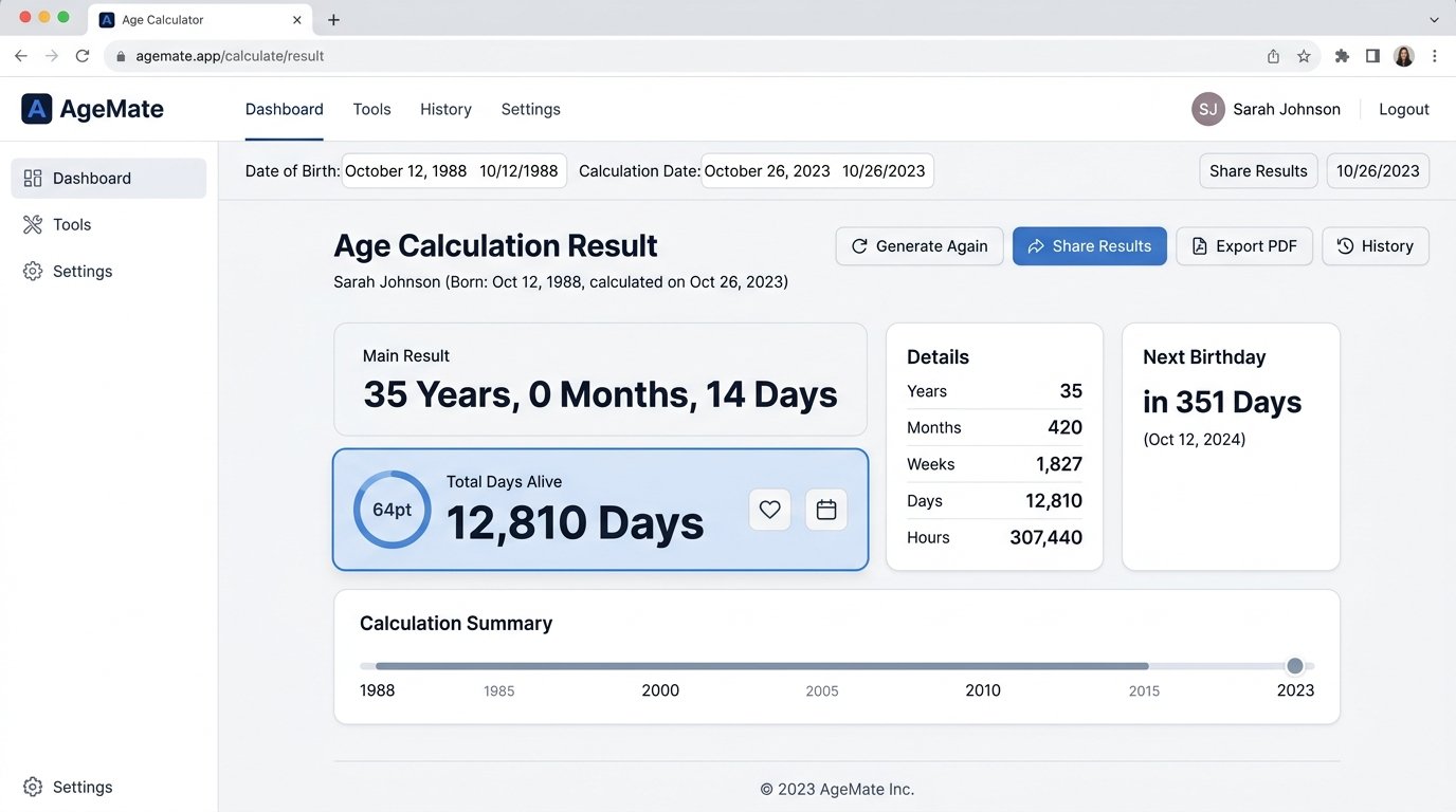 mockup of an age calculator tool result screen showing total days alive alongside years/months/days breakdown
