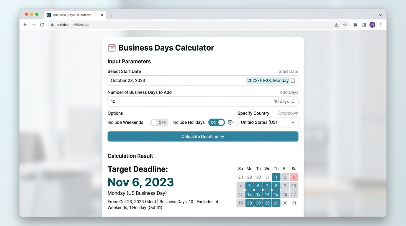 mockup of a business days calculator tool showing a start date, number of business days input, and resulting deadline date