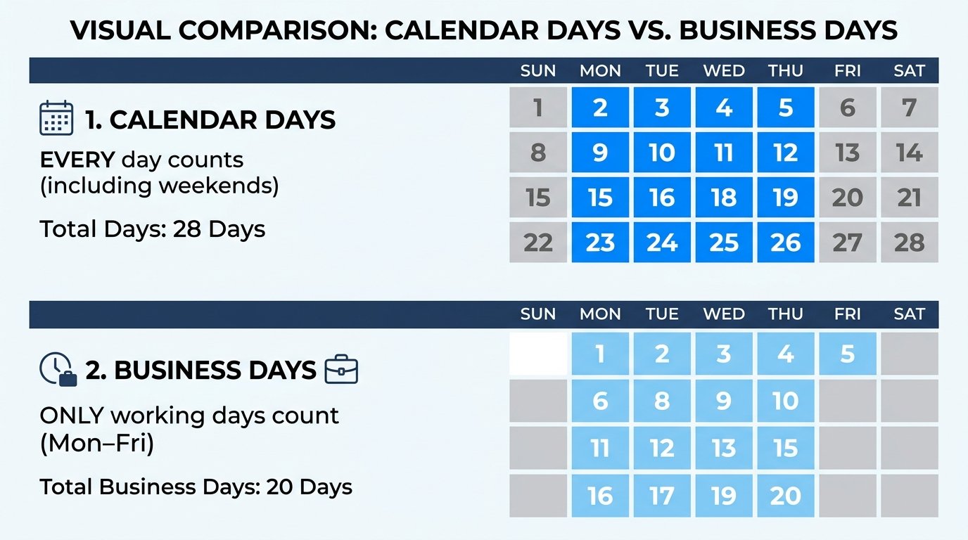 comparison of calendar days vs. business days on a calendar grid with weekends shaded.