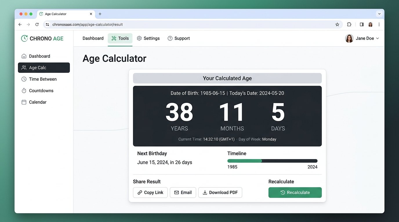 age calculator result screen showing exact chronological age in years, months, and days