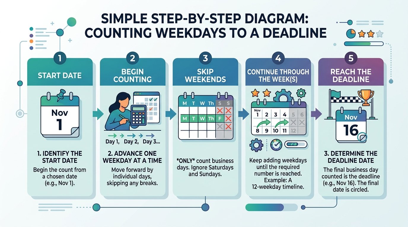 step-by-step diagram showing a start date counting forward through weekdays only to reach a deadline