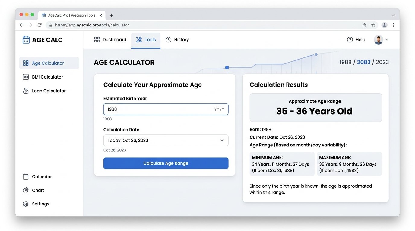 age calculator tool showing an estimated birth year input and resulting approximate age range