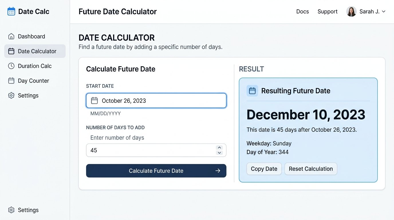 mockup of a future date calculator showing a start date, number of days, and resulting date.