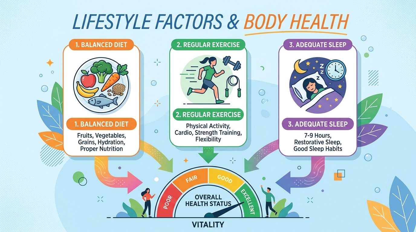 icon-based infographic showing lifestyle factors (diet, exercise, sleep) feeding into a body-health gauge