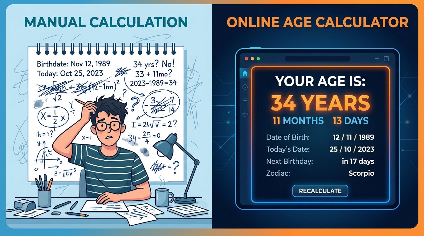 comparison of manual age calculation versus using an online age calculator.