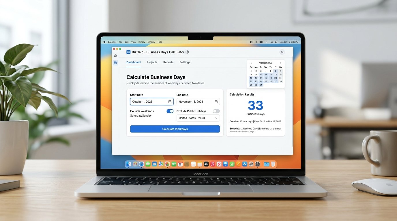 mockup of a working days calculator UI showing a business days result.