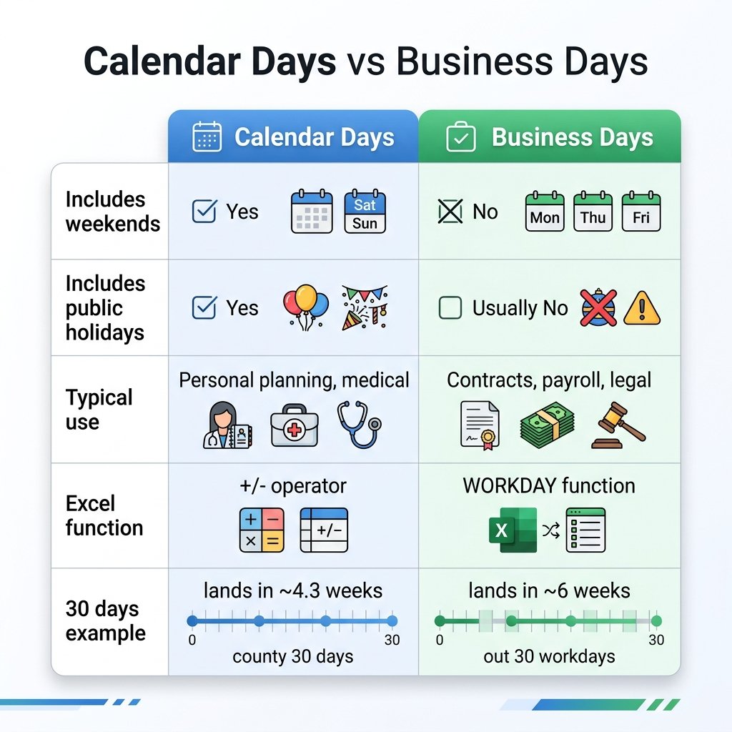 Comparison table of calendar days versus business days for date calculations