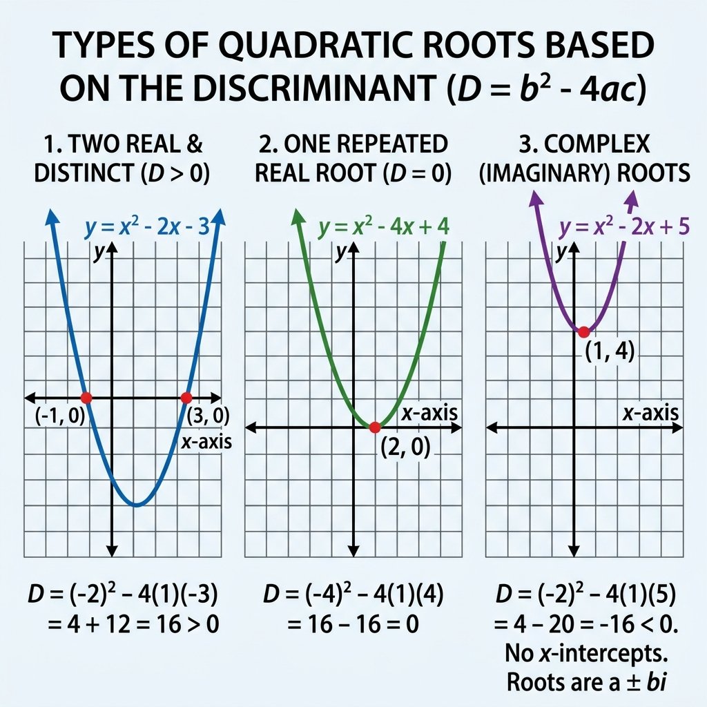 Three parabola graphs showing two real roots, one repeated root, and complex roots