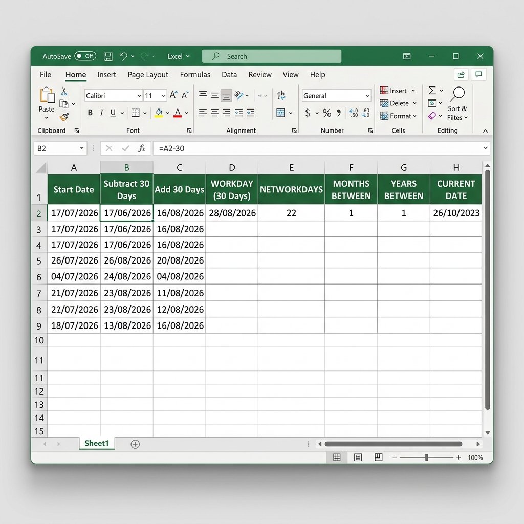 Excel formulas adding and subtracting 30 days from a date in column A