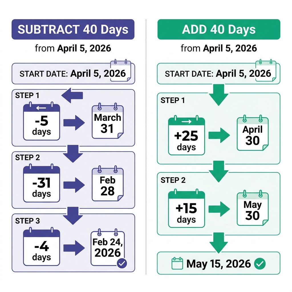 Side-by-side example of adding and subtracting 40 days from April 5 2026