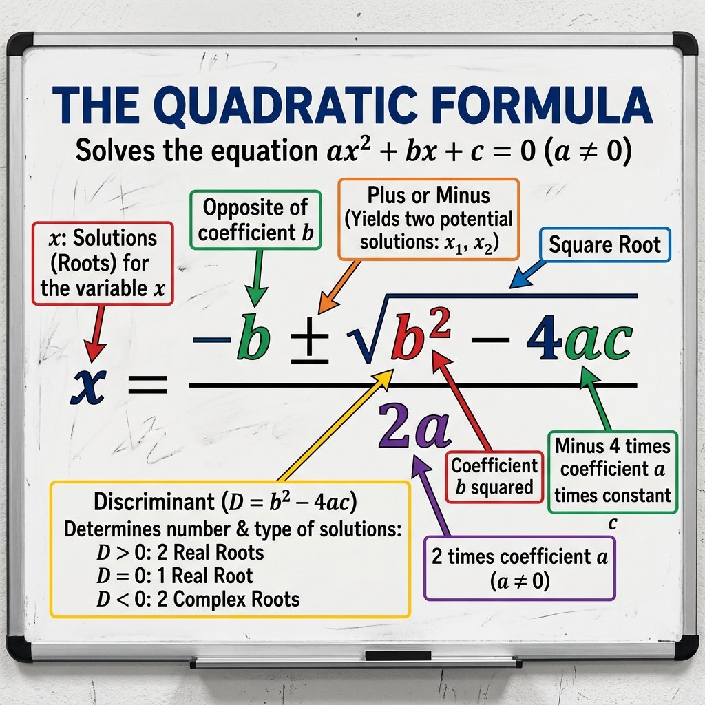 Quadratic formula x equals negative b plus or minus square root of b squared minus 4ac over 2a