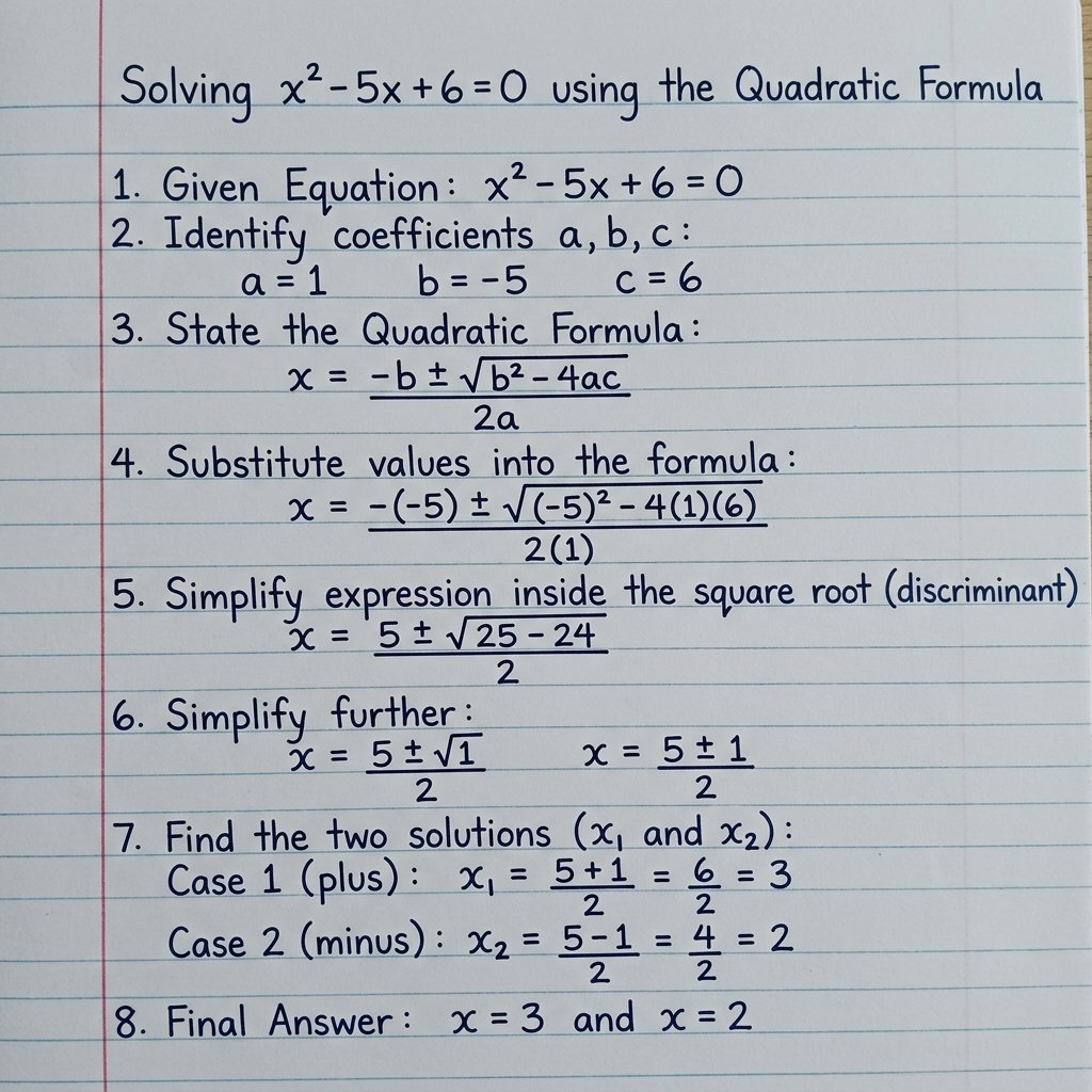 Step-by-step solution of x squared minus 5x plus 6 equals 0 using the quadratic formula